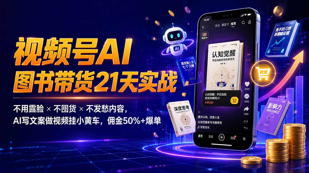 繁花视频号AI图书带货21天实战：不用露脸×不囤货×不发愁内容，AI写文案做视频挂小黄车，佣金50%+爆单-云网创