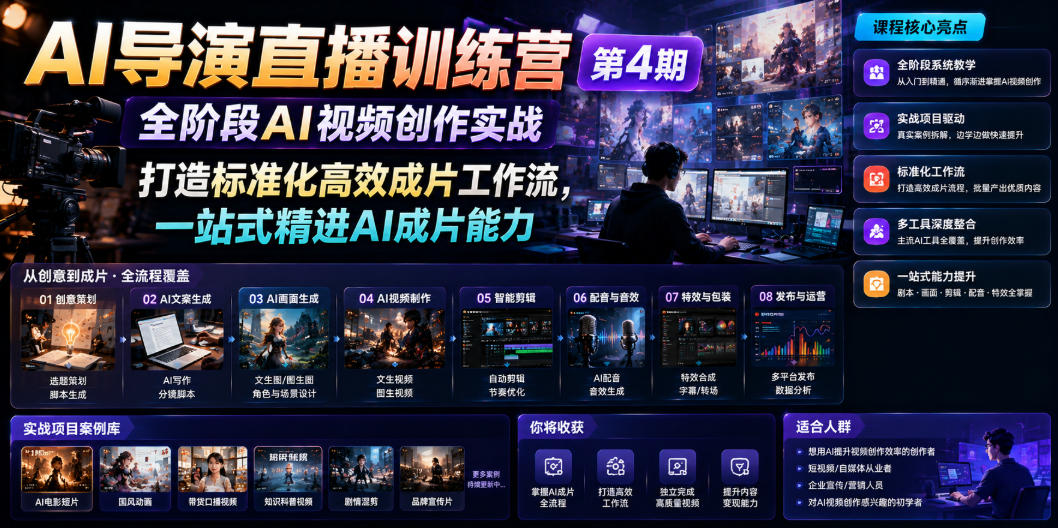 AI导演直播训练营第4期|全阶段AI视频创作实战,打造标准化高效成片工作流,一站式精进AI成片能力-云网创