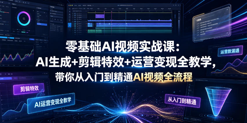零基础AI视频实战课：AI生成+剪辑特效+运营变现全教学，带你从入门到精通AI视频全流程-云网创