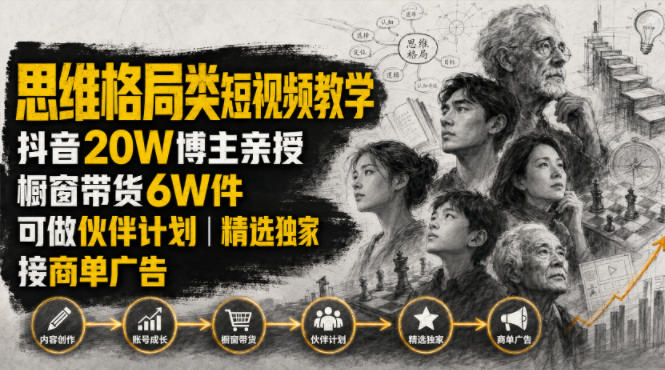 人性思维格局类短视频教学，抖音20W博主亲授，橱窗带货6W件，可做伙伴计划、精选独家、接商单广告-云网创