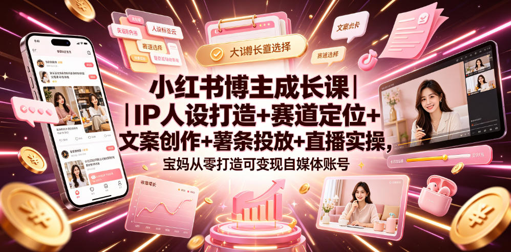 小红书博主成长课｜IP人设打造+赛道定位+文案创作+薯条投放+直播实操，宝妈从零打造可变现自媒体账号-云网创