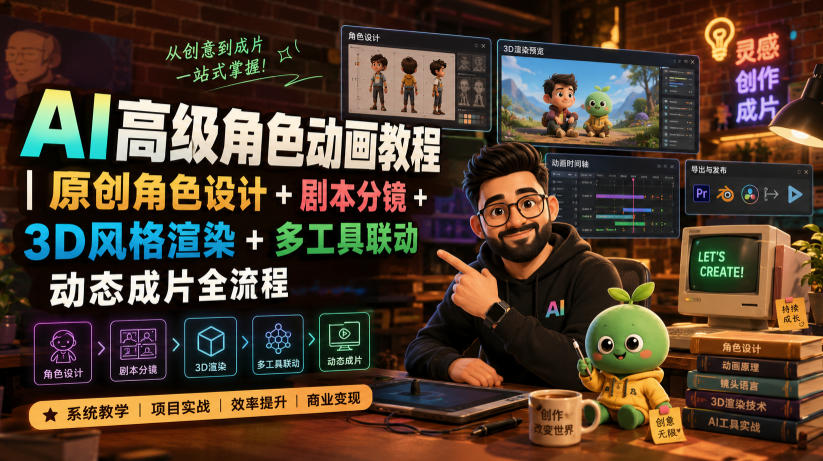 AI高级角色动画教程｜原创角色设计+剧本分镜+3D风格渲染+多工具联动动态成片全流程【中英字幕】-云网创