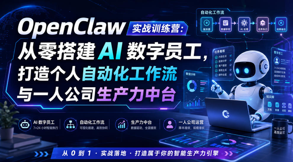OpenClaw实战训练营:从零搭建AI数字员工,打造个人自动化工作流与一人公司生产力中台-云网创