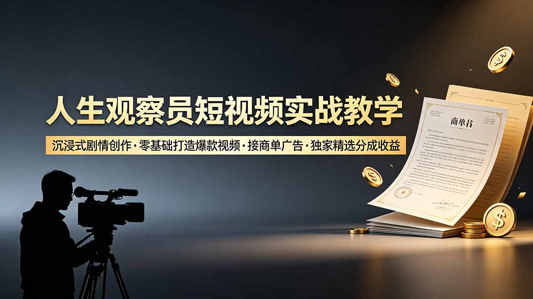 人生观察员短视频实战教学,沉浸式剧情创作,零基础打造爆款视频,接商单广告,独家精选分成收益-云网创