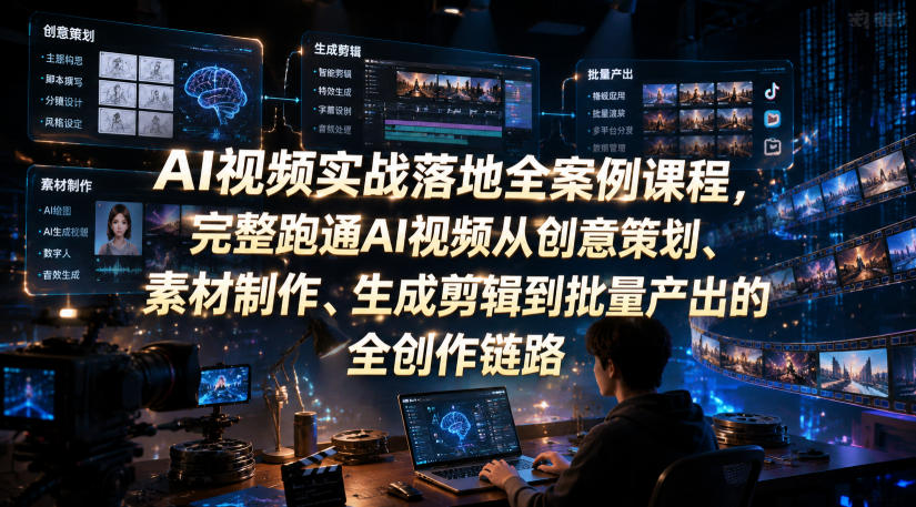 AI视频实战落地全案例课程，完整跑通AI视频从创意策划、素材制作、生成剪辑到批量产出的全创作链路-云网创