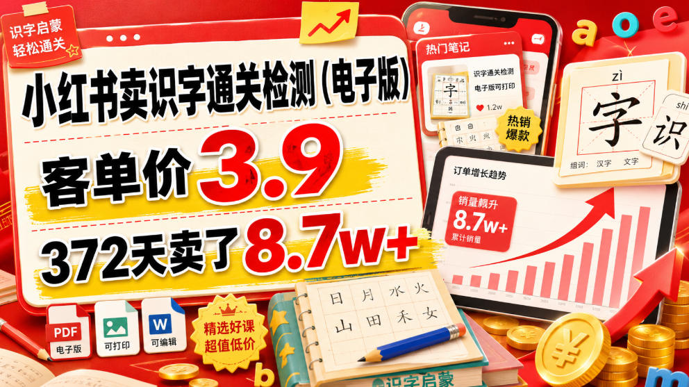 小红书卖识字通关检测(电子版)，客单价3.9，372天卖了8.7w+-云网创