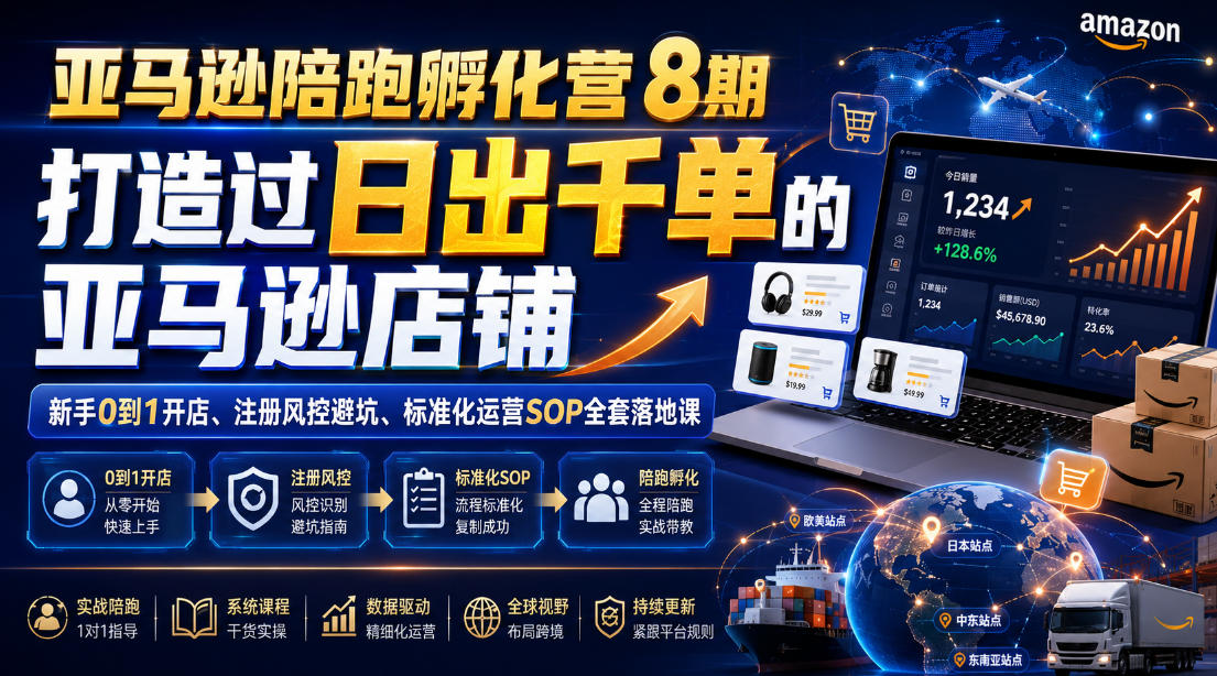 亚马逊陪跑孵化营8期，打造过日出千单的亚马逊店铺，新手0到1开店、注册风控避坑、标准化运营SOP全套落地课-云网创