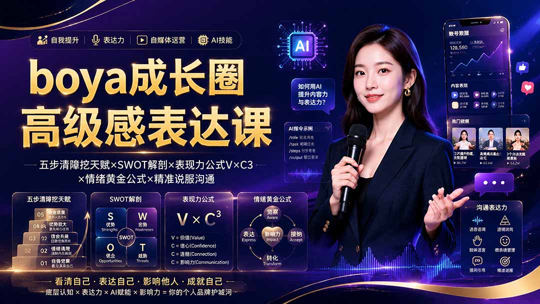 boya成长圈｜内心成长高级表达AI自媒体三合一，消解内耗挖掘天赋，镜头沟通AI指令短视频全流程教学-云网创