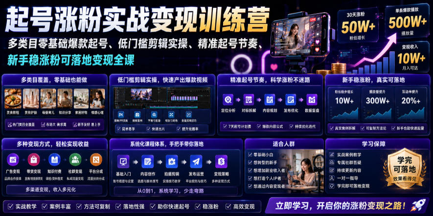 苗子起号涨粉实战变现训练营，多类目零基础爆款起号、精准起号节奏、新手稳涨粉可落地变现全课-云网创
