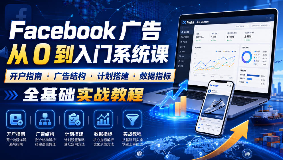 Facebook广告新手从0到入门系统课｜开户指南・广告结构・计划搭建・数据指标全基础实战教程-云网创