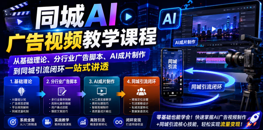 同城AI广告视频教学课程,从基础理论、分行业广告脚本、AI成片制作到同城引流闭环一站式讲透-云网创
