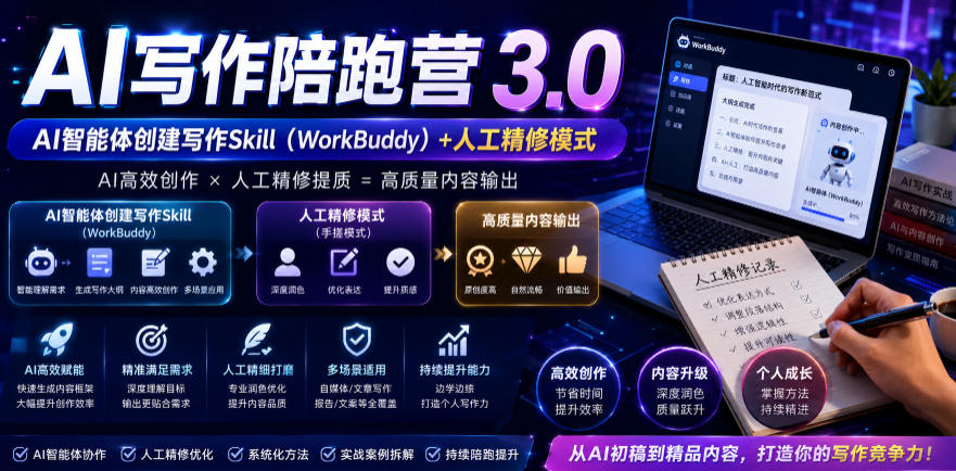 AI写作陪跑营3.0，Ai智能体创建写作skill(workbuddy)+人工手写模式(手搓模式)，去除AI痕迹(头条号、公众号、百家号)(更新0730)-云网创