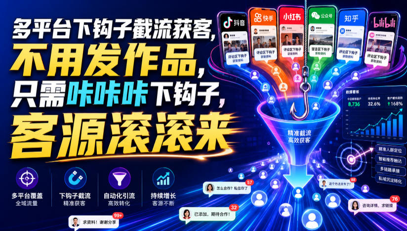 多平台下钩子截流获客，不用发作品，只需咔咔咔下钩子，客源滚滚来-云网创