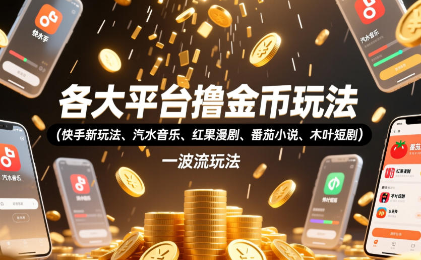 各大平台撸金币玩法(快手新玩法、汽水音乐、红果漫剧、番茄小说、木叶短剧)，一波流玩法(收费398元的教程)-云网创