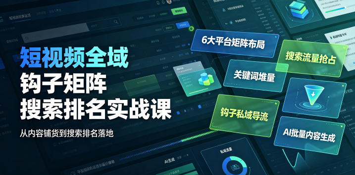 短视频全域钩子矩阵搜索排名实战课|6大平台矩阵布局、关键词堆量抢占搜索流量、钩子私域导流、AI批量内容生成-云网创