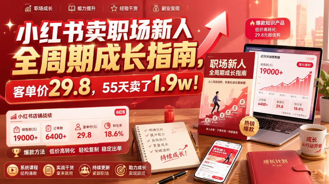 小红书卖职场新人全周期成长指南,客单价29.8,55天卖了1.9w!-云网创