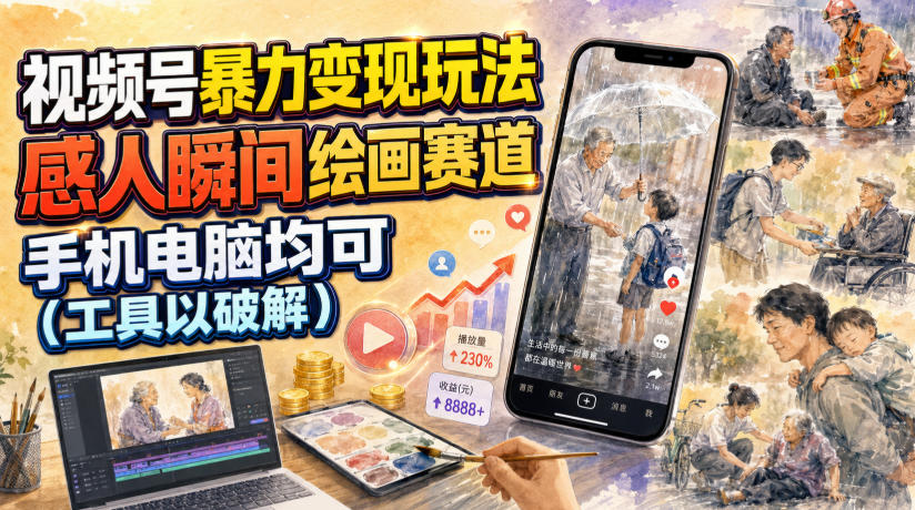 视频号暴力变现玩法,感人瞬间绘画赛道,手机电脑均可-云网创