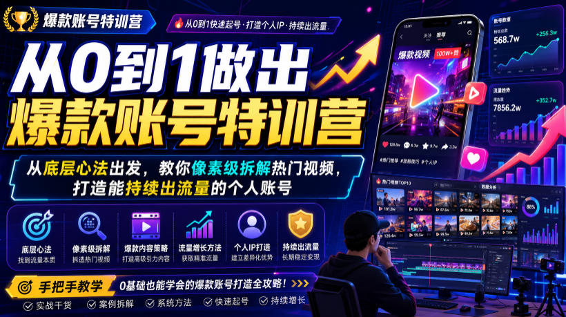 从0到1做出爆款账号特训营,从底层心法出发,教你像素级拆解热门视频,打造能持续出流量的个人账号-云网创