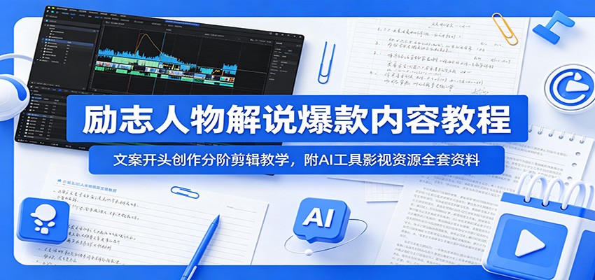 励志人物解说爆款内容教程:文案开头创作分阶剪辑教学,附AI 工具影视资源全套资料-云网创