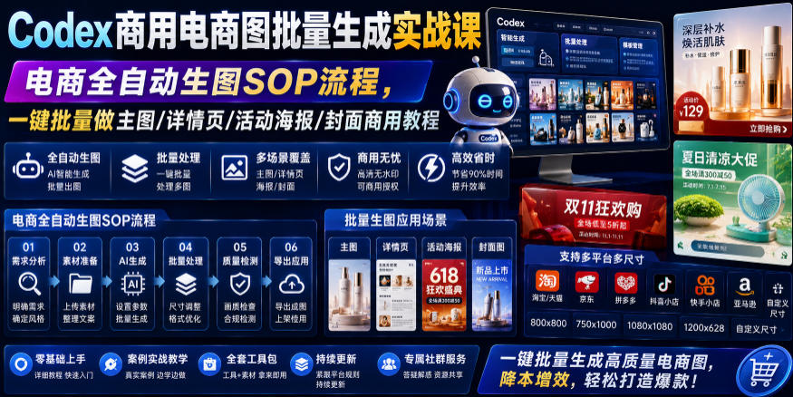 Codex商用电商图批量生成实战课|电商全自动生图SOP流程,一键批量做主图/详情页/活动海报/封面商用教程-云网创