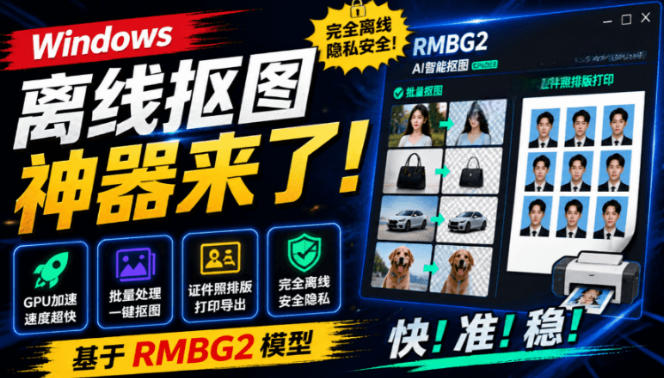 Windows离线抠图神器来了!支持批量抠图+证件照排版打印,基于RMBG2模型,GPU加速方块AI抠图-云网创