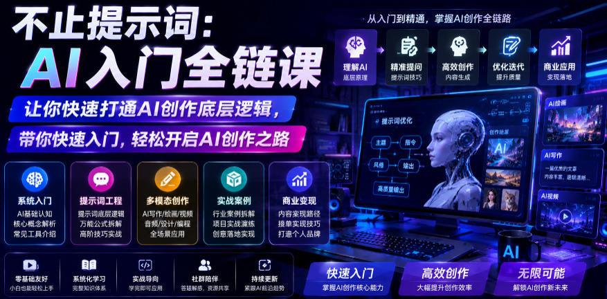 不止提示词:AI入门全链课,让你快速打通AI创作底层逻辑,带你快速入门,轻松开启AI创作之路-云网创