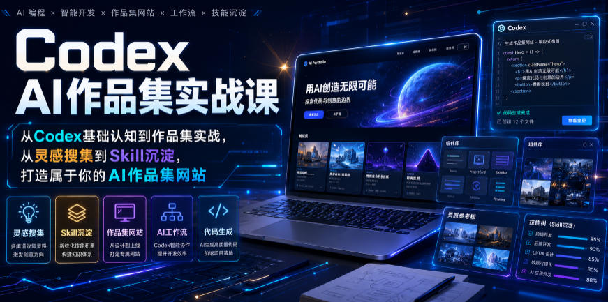 Codex AI作品集实战课，从Codex基础认知到作品集实战，从灵感搜集到Skill沉淀，打造属于你的AI作品集网站-云网创