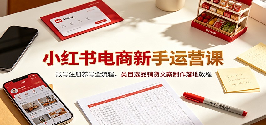 小红书电商新手运营课：账号注册养号全流程，类目选品铺货文案制作落地教程-云网创