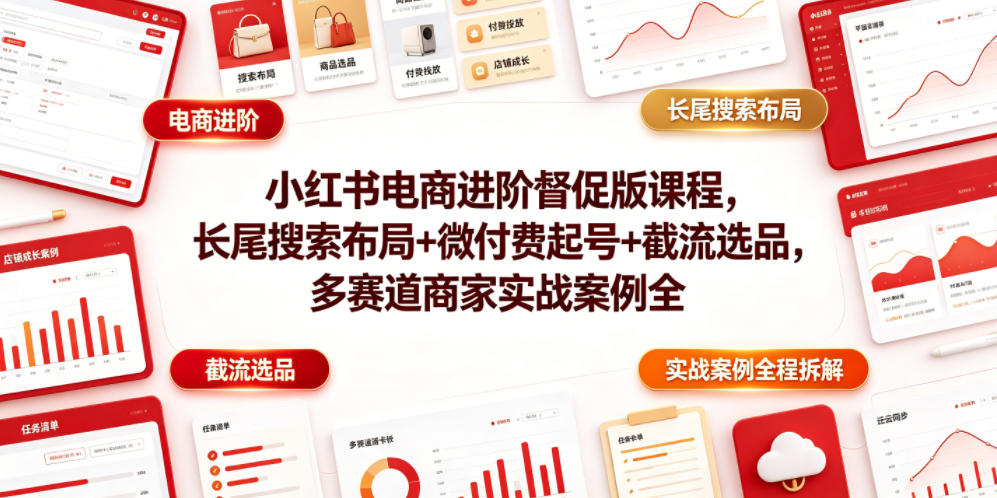 小红书电商进阶督促版课程,长尾搜索布局+微付费起号+截流选品,多赛道商家实战案例全程拆解-云网创