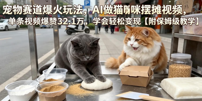 宠物赛道爆火玩法,AI做猫咪摆摊视频,单条视频爆赞32.1万,学会轻松变现【附保姆级教学】-云网创