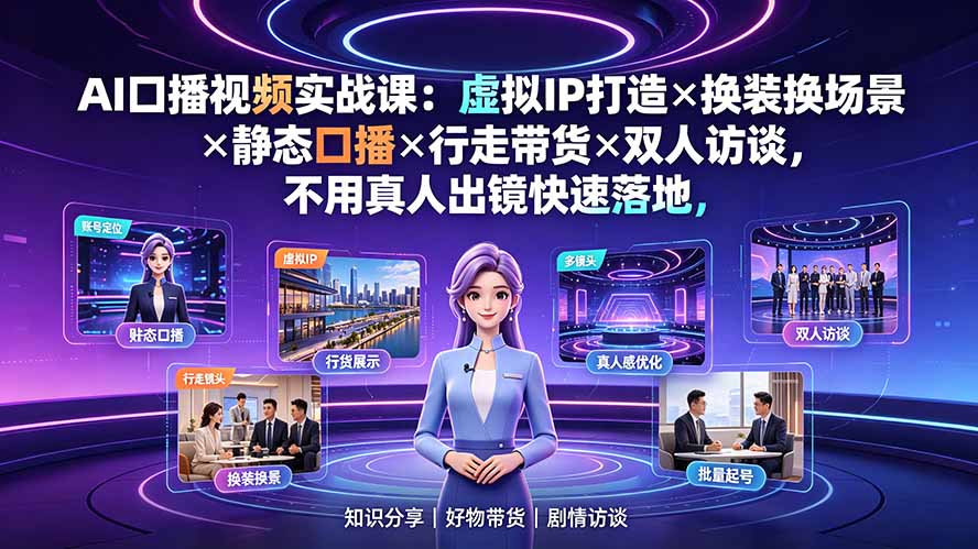 AI口播视频实战课：虚拟IP打造×换装换场景×静态口播×行走带货×双人访谈，不用真人出镜快速落地-云网创