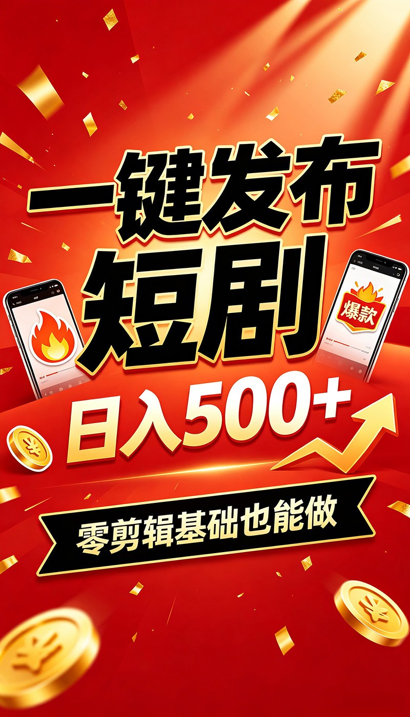 快手短剧一键发布,不用剪辑操作简单,副业日入500+。空闲时间轻松赚收益-云网创