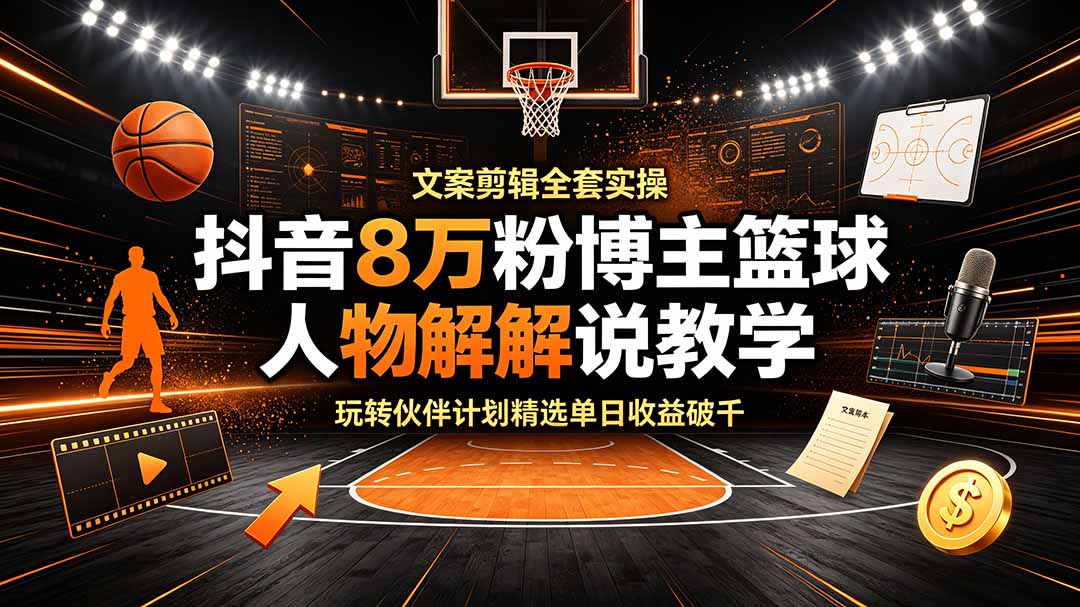 抖音8万粉博主篮球人物解说教学,文案剪辑全套实操,玩转伙伴计划精选单日收益破千-云网创