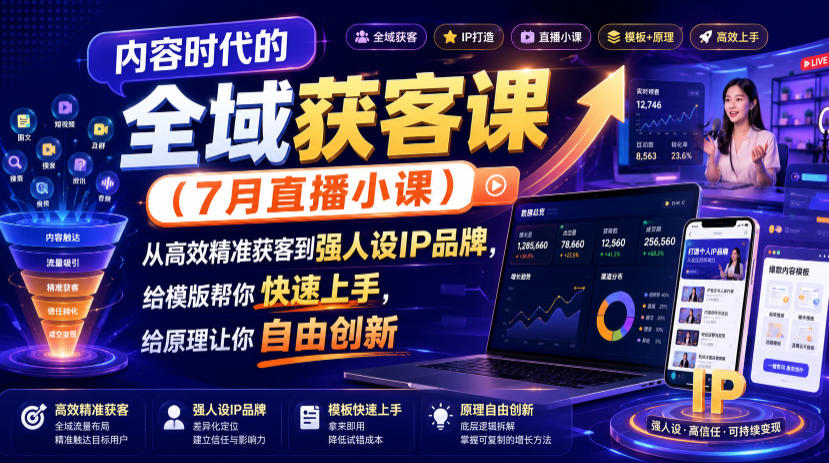 内容时代的全域获客课(7月直播小课),从高效精准获客到强人设IP品牌,给模版帮你快速上手,给原理让你自由创新-云网创