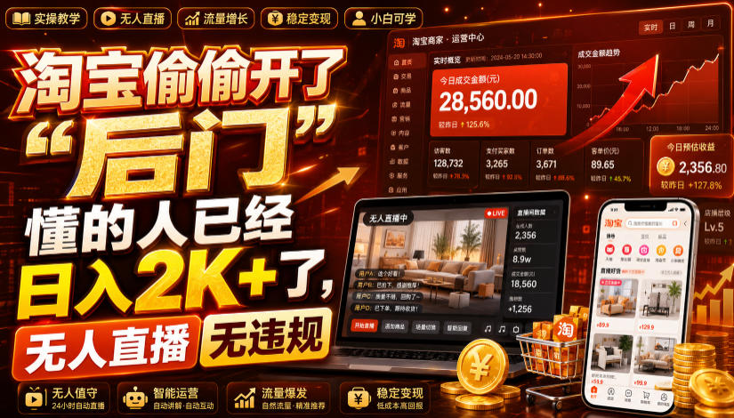 淘宝偷偷开了“后门”，懂的人已经日入2K+了，无人直播无违规，一台电脑=一家24小时营业的线上门店【揭秘】-云网创