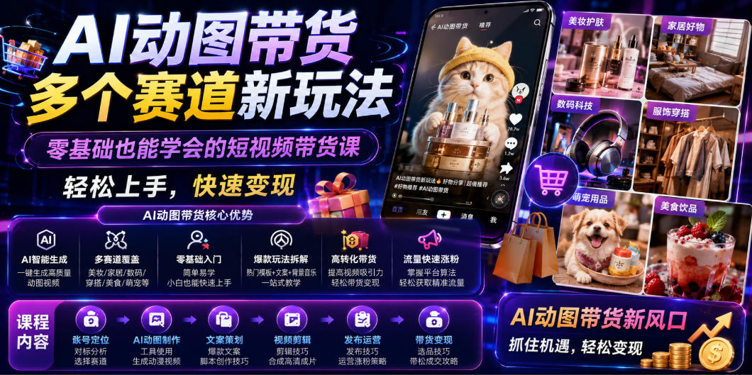 AI动图带货多个赛道新玩法，零基础也能学会的短视频带货课，轻松上手，快速变现-云网创