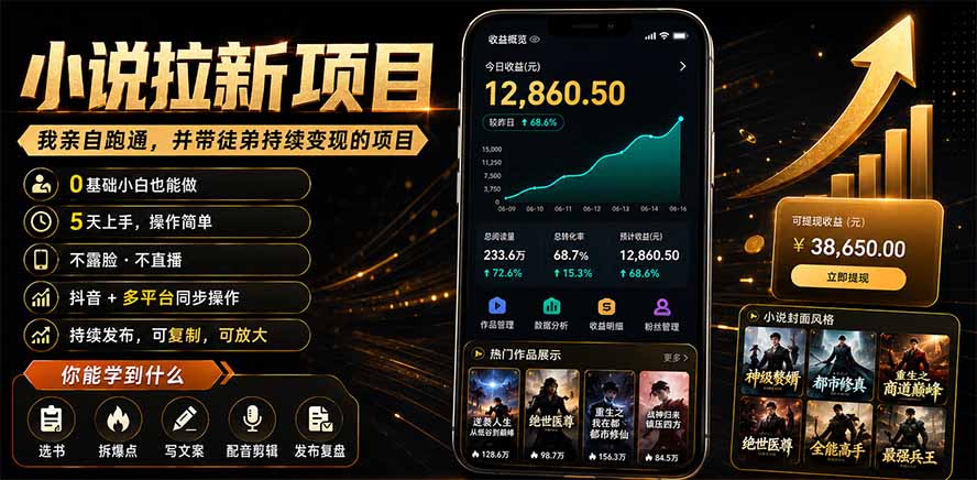 抖音及多平台小说拉新项目：我亲自跑通并持续带徒弟实操｜0基础小白5天上手快速变现-云网创