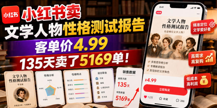 小红书卖文学人物性格测试报告,客单价4.99,135天卖了5169单!-云网创