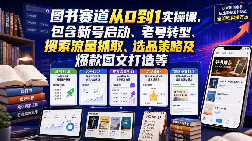 图书赛道从0到1实操课，包含新号启动、老号转型、搜索流量抓取、选品策略及爆款图文打造等-云网创
