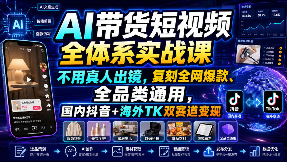 AI带货短视频全体系实战课,不用真人出镜,复刻全网爆款、全品类通用,国内抖音+海外TK双赛道变现-云网创